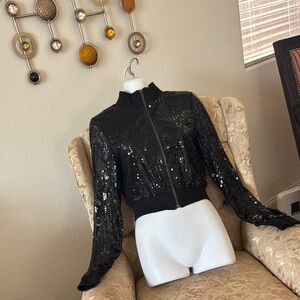 Romeo & Juliet Couture Black Sequin Bomber Jacket